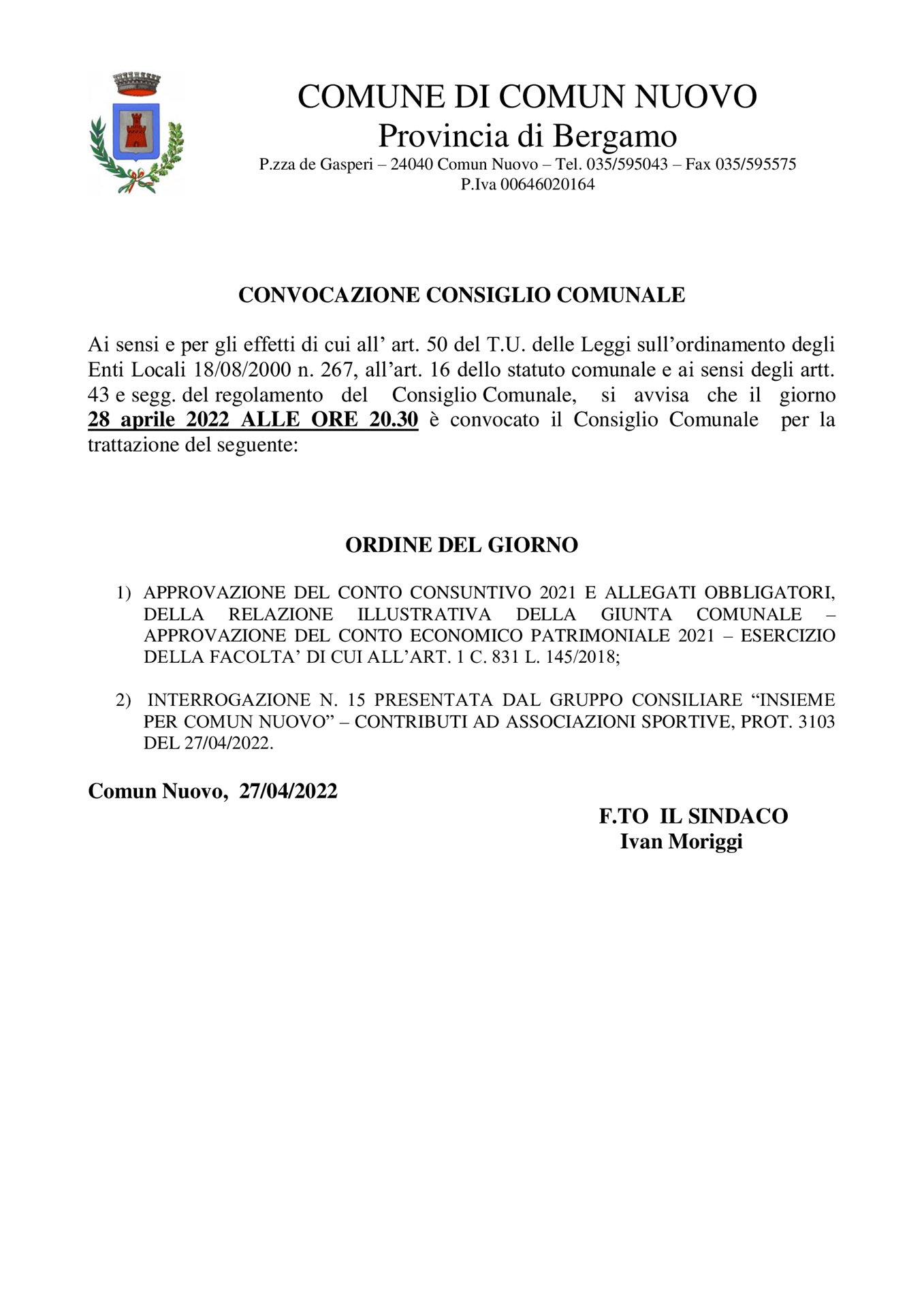 CONVOCAZIONE CONSIGLIO COMUNALE DEL 28.04.2022